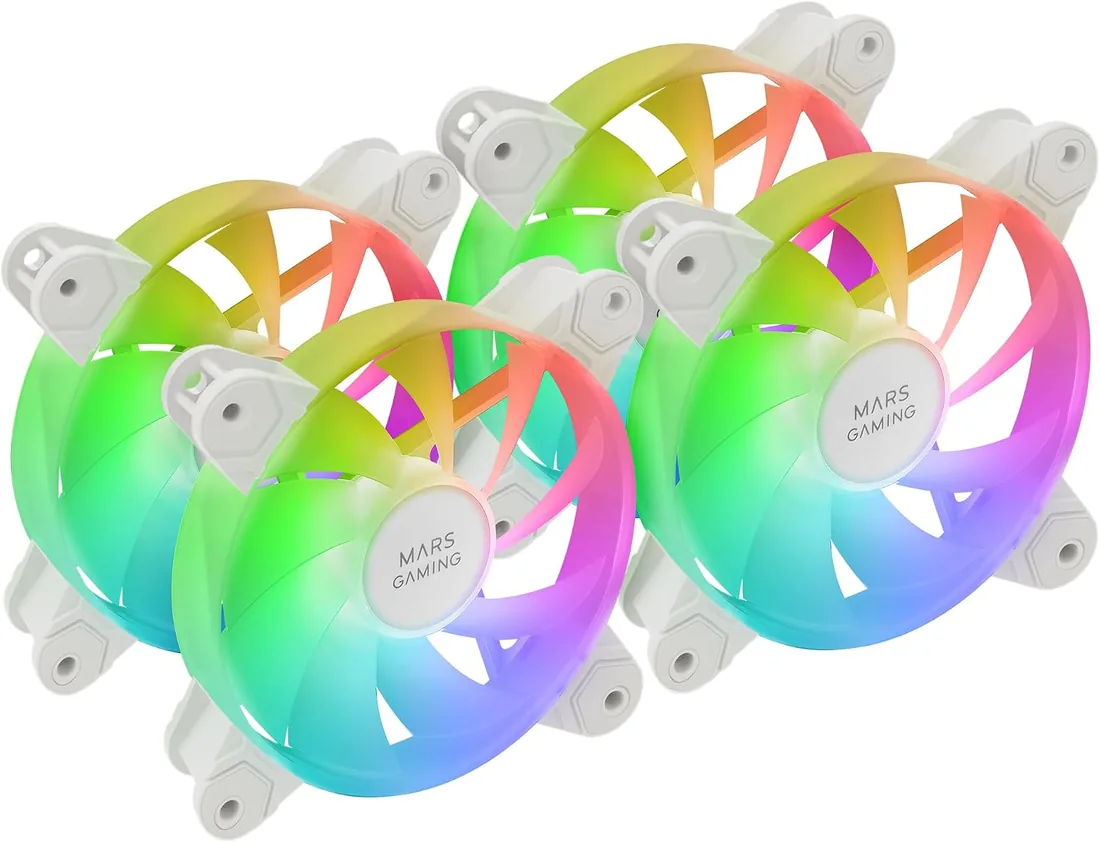Mars Gaming MF-4A, Kit 4x Ventiladores 120mm ARGB, Iluminación 360° Sin Marco, RGB Direccionable 5V 3Pin, Efecto Rainbow Personalizable, Rodamientos FDB Ultrasilenciosos, Doble Conector, Blanco