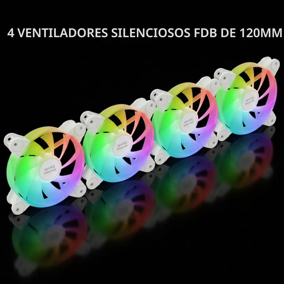 Mars Gaming MF-4A, Kit 4x Ventiladores 120mm ARGB, Iluminación 360° Sin Marco, RGB Direccionable 5V 3Pin, Efecto Rainbow Personalizable, Rodamientos FDB Ultrasilenciosos, Doble Conector, Blanco foto 2