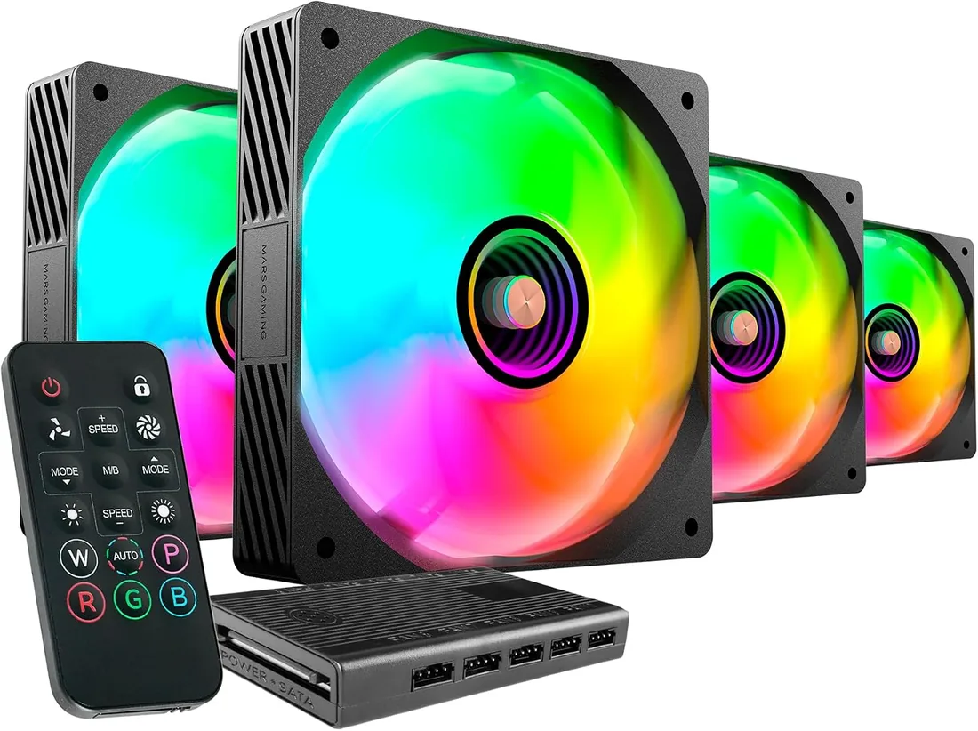 Mars Gaming MF-SI4KIT, Kit 4x Ventiladores Ultrasilenciosos 120mm, Iluminación ARGB Infinity Mirror, Rodamientos FDB y Núcleo de Cobre, Mando a Distancia y HUB, Compatibilidad Total ARGB, Negro