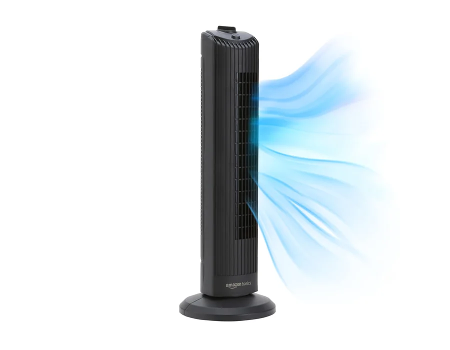 Amazon Basics Ventilador de Torre Oscilante de 71 cm con Ángulo de 60 Grados para Dormitorio, Sala de Estar, Oficina, 3 Velocidades, Control Mecánico Intuitivo, Negro Mate, 35W, 71