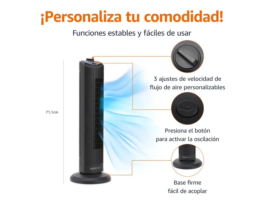 Amazon Basics Ventilador de Torre Oscilante de 71 cm con Ángulo de 60 Grados para Dormitorio, Sala de Estar, Oficina, 3 Velocidades, Control Mecánico Intuitivo, Negro Mate, 35W, 71 foto 2