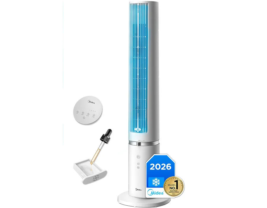 Midea Ventilador Torre con Mando a Distancia de 4 Velocidades - Ventilador de Torre Silencioso con Oscilación 90º, Temporizador 7h, Distancia 9m/s, 2 Modos, con Caja de Aromaterapi