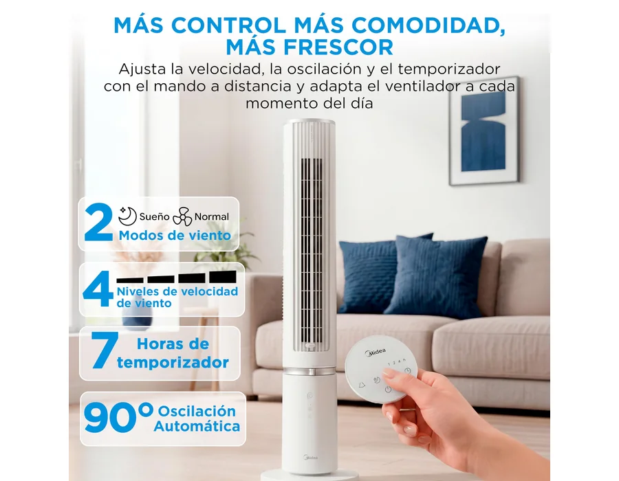 Midea Ventilador Torre con Mando a Distancia de 4 Velocidades - Ventilador de Torre Silencioso con Oscilación 90º, Temporizador 7h, Distancia 9m/s, 2 Modos, con Caja de Aromaterapi foto 2