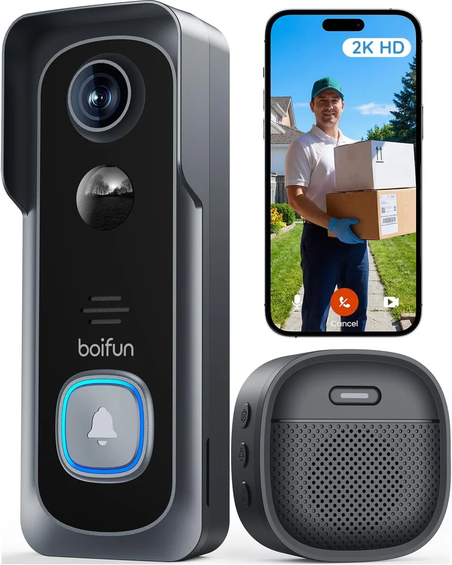 BOIFUN Timbre inalámbrico Exterior Impermeable, Instalación Sencilla, Negro | 2K 3MP, Campo de visión 166°, Detección Humana PIR, en Tarjeta SD/Nube, Alerta, IP65, Solo Wi-Fi 2,4 GHz