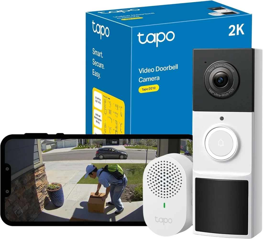 Tapo D210 - Timbre con Cámara Exterior 2K, Batería 6 Meses, Detección IA | Detección de Personas y Vehículos. Visión Nocturna a Color. Batería 6400 mAh. Audio Bidireccional. Notificaciones al Móvil.