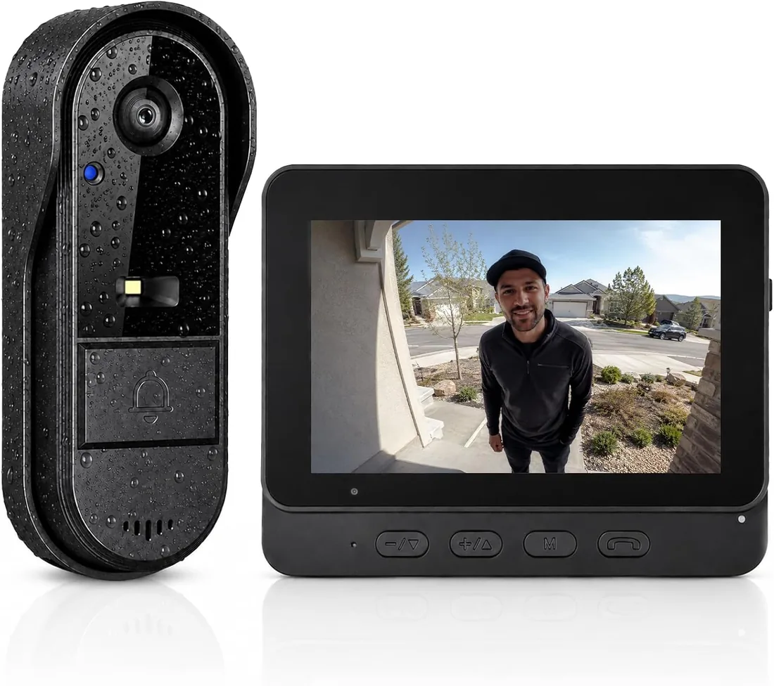 Videoportero Inalámbrico con Pantalla 4,3" Sin WiFi ni App, Timbre con Cámara Exterior IP65 Impermeable para Exterior, Monitor Interior, 135° Gran Angular, Audio Bidireccional y Visión Nocturna