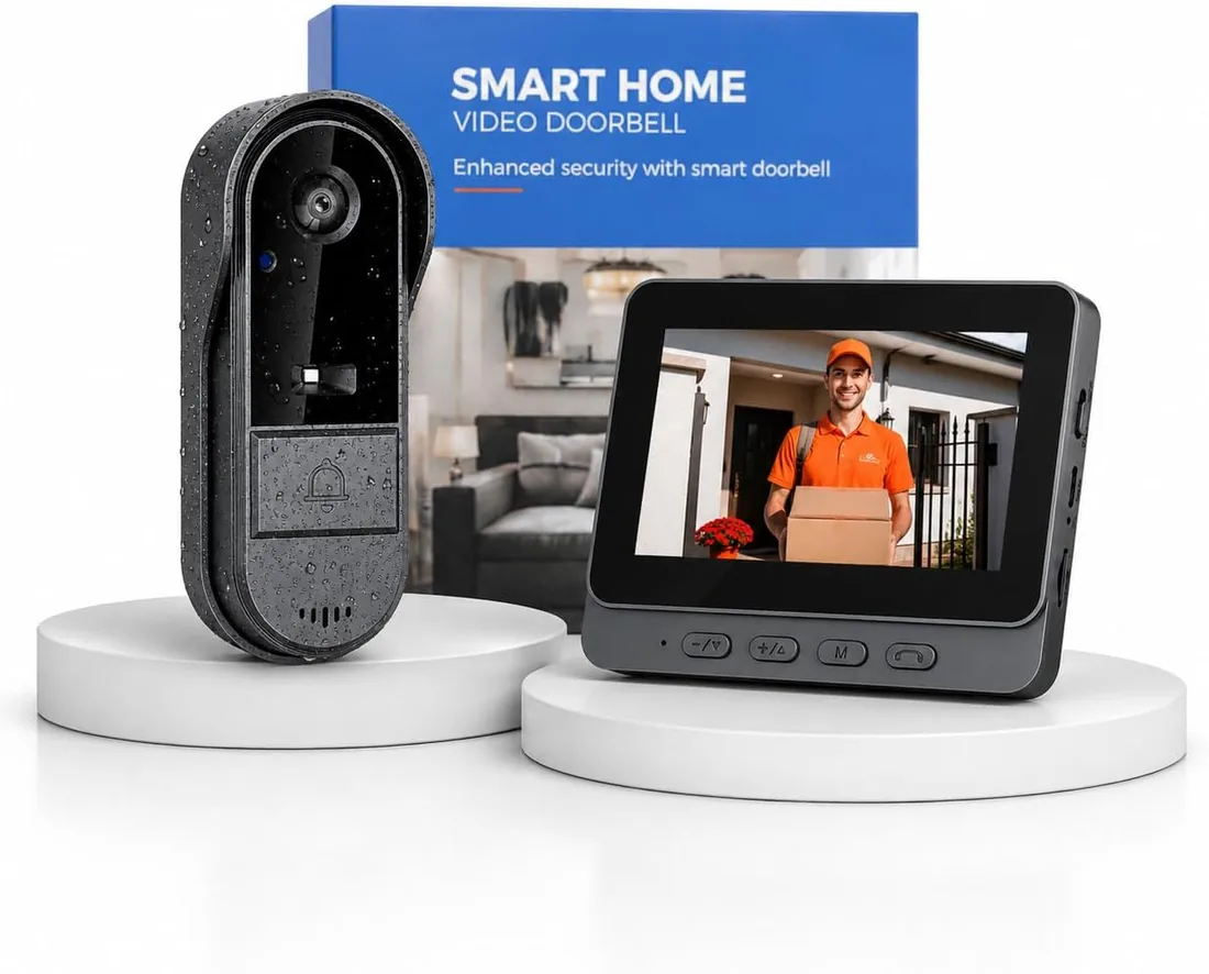 Winnes Timbre Inalámbrico con Cámara, Timbre con Vídeo Inalámbrico, Audio Bidireccional, Pantalla 4.3 IPS 1080P, Cámara Gran Angular de 170°, Visión Nocturna, No Requiere Suscripción y WiFi, 2.4GHZ