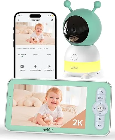 BOIFUN 2K Camara Vigilancia Bebe, Visión Nocturna, Luz Nocturna Infantil | Vigilabebes con Camara, Te