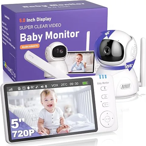 BURNNOVE Camara Vigilancia Bebe 5" HD, Sin WiFi, Batería hasta 30H | Vigilabebes con Camara Rotación de 355°, Visión Noctu foto 3