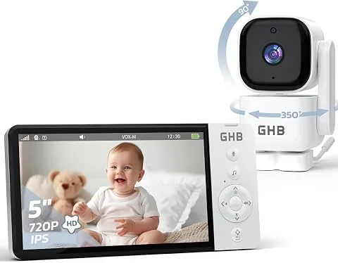 GHB Camara Vigilancia Bebe 5" 720P IPS Rotación de 350° Duración 168 Horas | Vigilabebes con Camara Visión Nocturna Comuni
