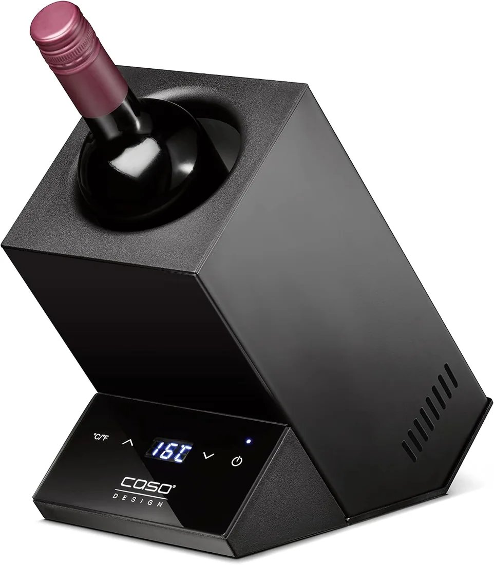 CASO WineCase One Black - Enfriador de vino para una botella, rango de temperatura de 5 – 18 °C, para botellas de hasta 9 cm de diámetro, control táctil, carcasa de acero inoxidable, negro foto 2