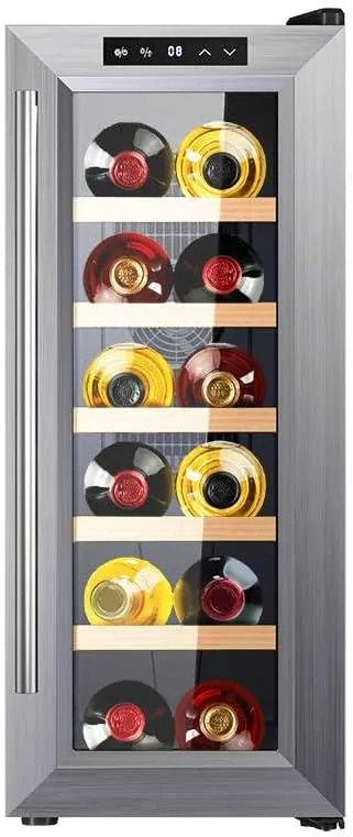 Cecotec Vinoteca 12 Botellas Bolero GrandSommelier 1270 CoolWood. Nevera para Vino, Enfriamiento Termoeléctrico, Temperatura regulable y Luz LED interior, Diseño en Madera e Inox
