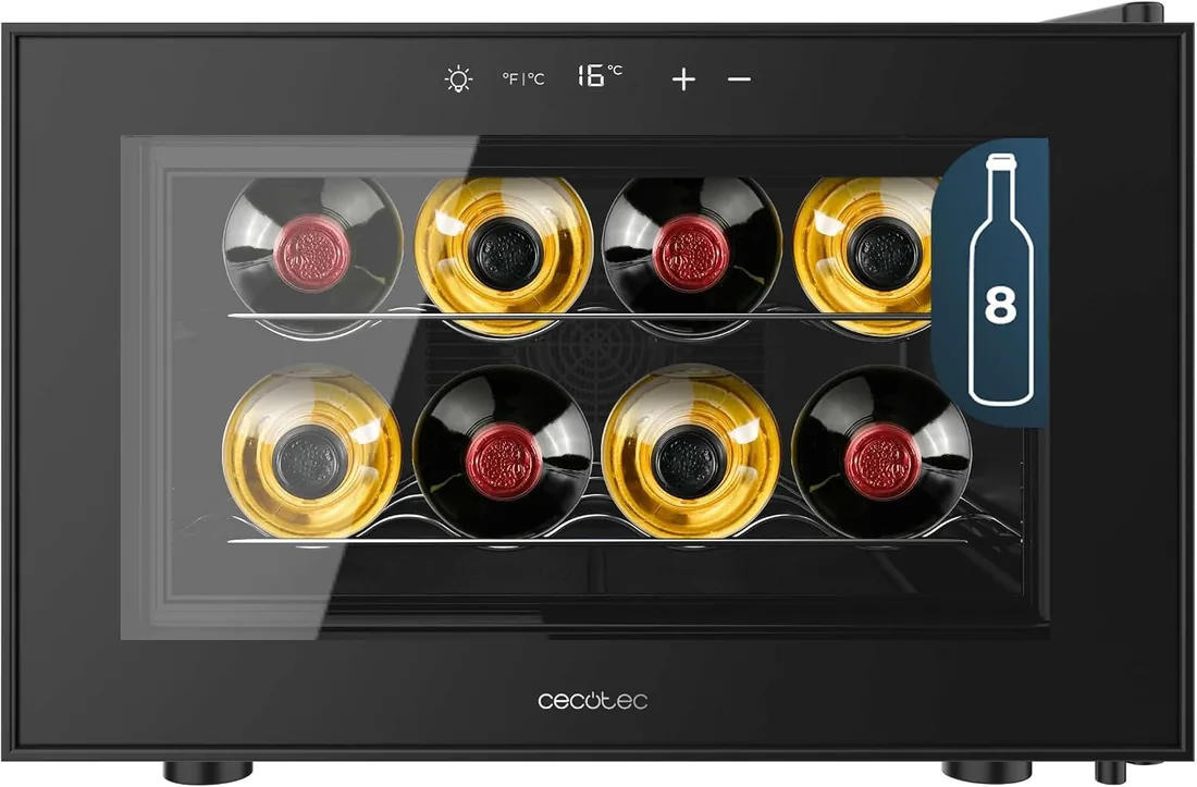 Cecotec Vinoteca 8 Botellas Bolero GrandSommelier 800H CoolCrystal E. Estantes Metálicos, Control Táctil, Temperatura 8 a 18ºC, Temperatura 8 a 18ºC, Negra