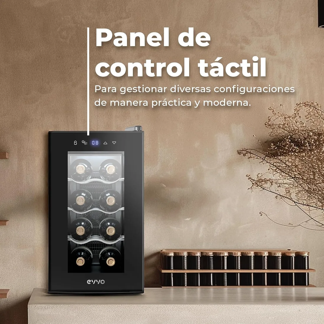 EVVO Vinoteca VT8 - Enfriador de Botellas de Vino, Nevera Pequeña para 8 Botellas, Enfriador de Vino Silencioso, Control Táctil, Luz LED, Botellero Vertical, Temperatura Ajustable 8-18ºC foto 3