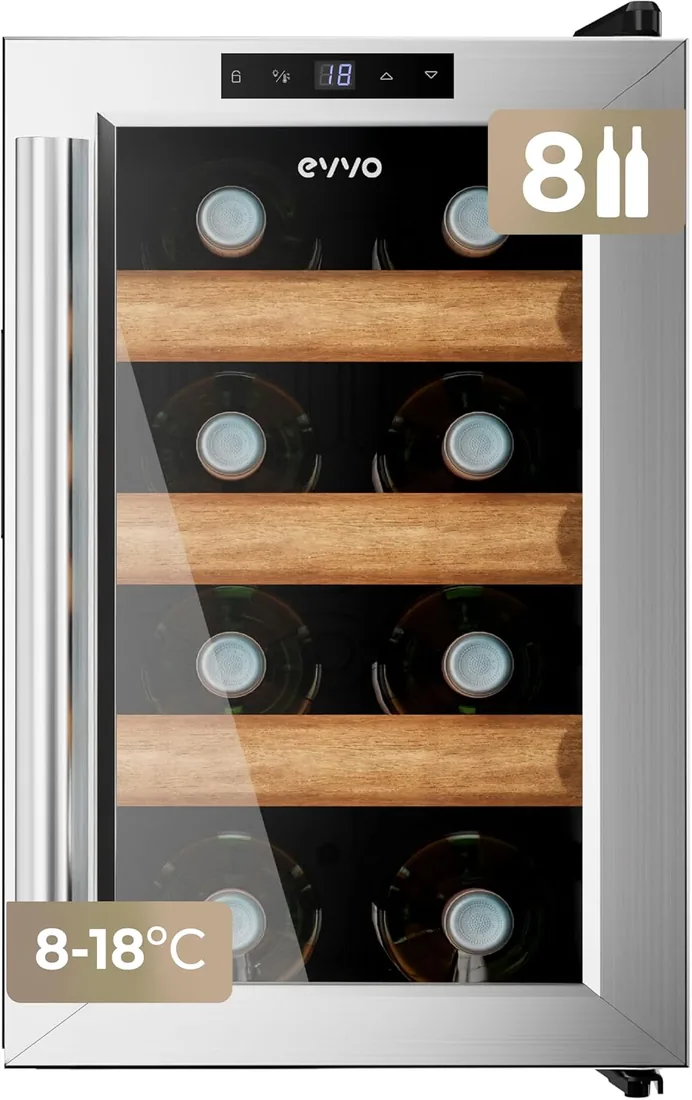 EVVO Vinoteca VT8 Inox – Enfriador de Botellas de Vino 8 Botellas, Vinoteca Pequeña Inox, Nevera para Vinos Silenciosa, Mini Nevera Tipo Minibar y Botellero Vertical