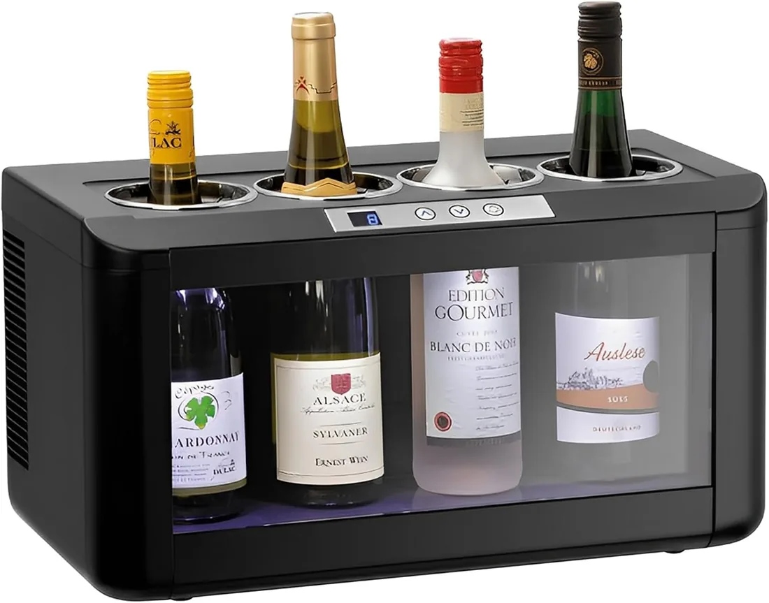 MBH - Enfriador de 4 botellas de vino eléctrico profesional de 5 °C a 18 °C con luz LED para hostelería. Cava de vino, vinoteca, frigorífico expositor sobre mostrador para 4 botellas de vino.