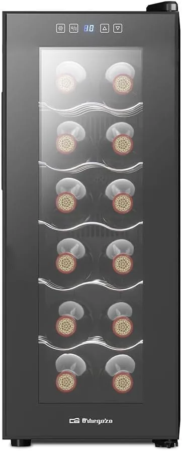 Orbegozo VT 1240 Vinoteca de 12 Botellas Volumen 34 Litros Panel Táctil Pantalla LED Termostato 8-18°C Ventana Doble Aislamiento Clase Energética E Luz Interior LED 65W