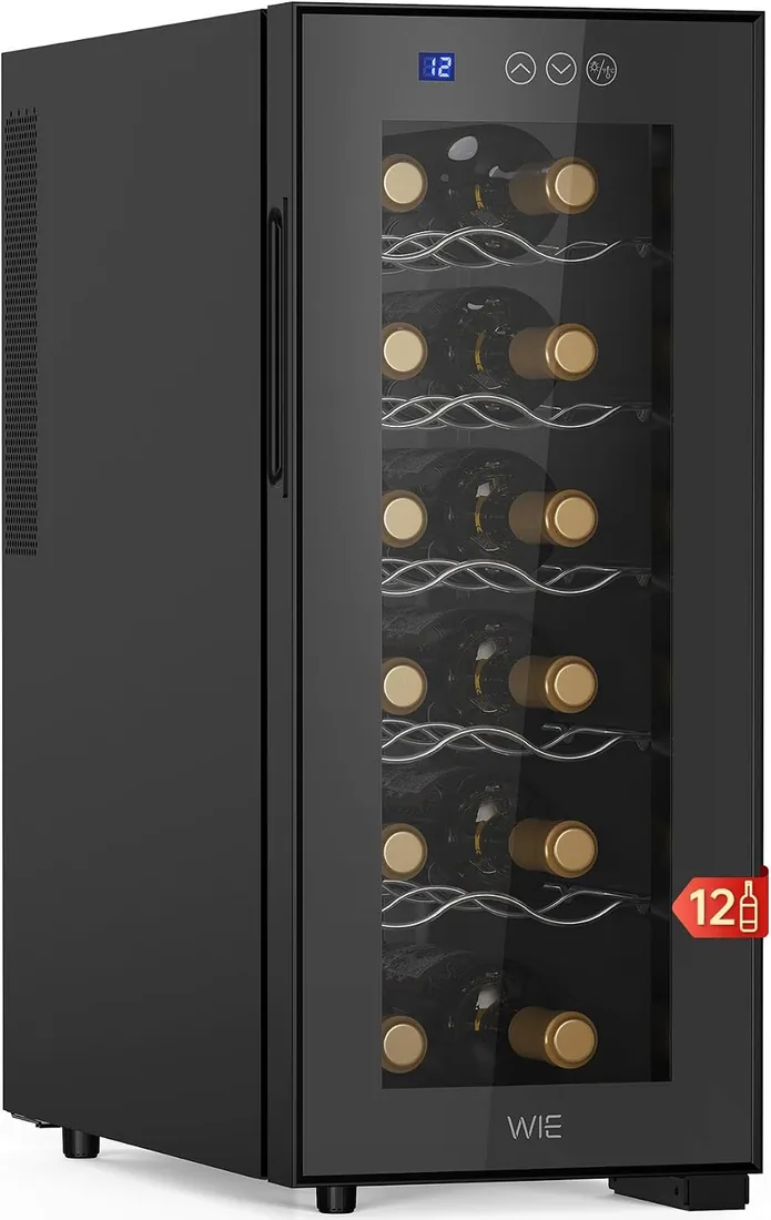 WIE Vinoteca 12 Botellas, 33 L Nevera Vinos, <26dB, 8-18°C con Pantalla Táctil Inteligente LED, Refrigeración Termoeléctrica, Puerta de Cristal Espejado, 5 Estantes Ajustables, Luz LED