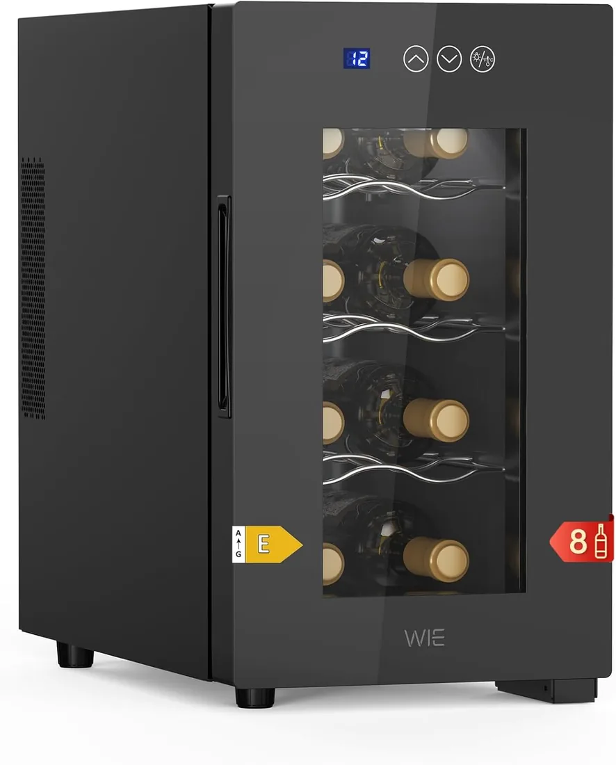 WIE Vinoteca 8 Botellas, Refrigeración Termoeléctrica, Nevera Vinos con Control de Pantalla Táctil, Puerta de Cristal Espejado, Estantes Ajustables, Luz LED, Bajo Nivel de Ruido, 5-18℃, 23L foto 3