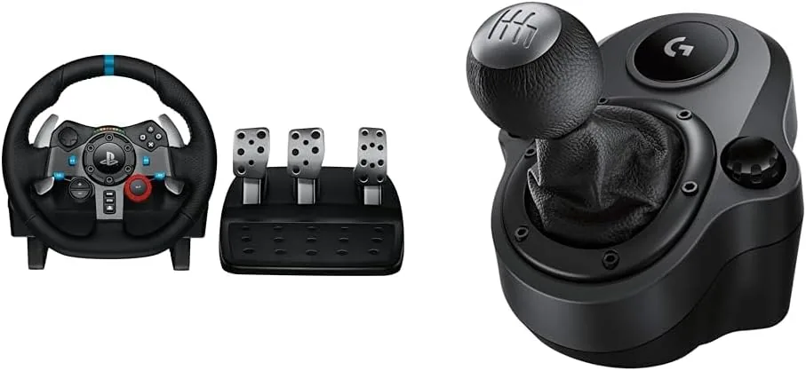 Logitech G G29 Volante y Pedales de Carrera, Force Feedback, para PS5, PS4, PC y MAC y Palanca de Cambio para Volante, 6 Velocidades, Marcha Atrás a Presion, Acero y Cuero auténtico