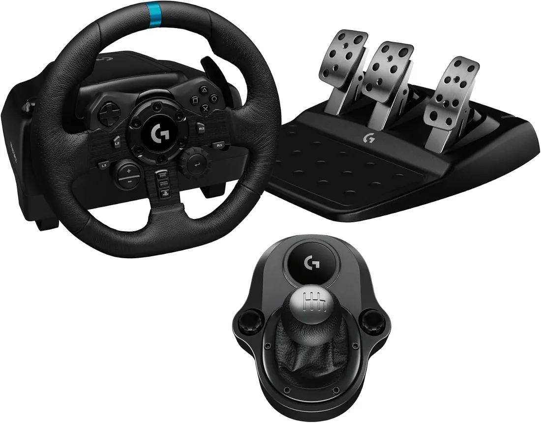 Logitech G G923 Volante de Carreras y Pedales, TRUEFORCE Force Feedback + Palanca de Cambio Logitech G Driving Force, Cuero Auténtico, Para PS5, PS4, PC, Mac, Negro