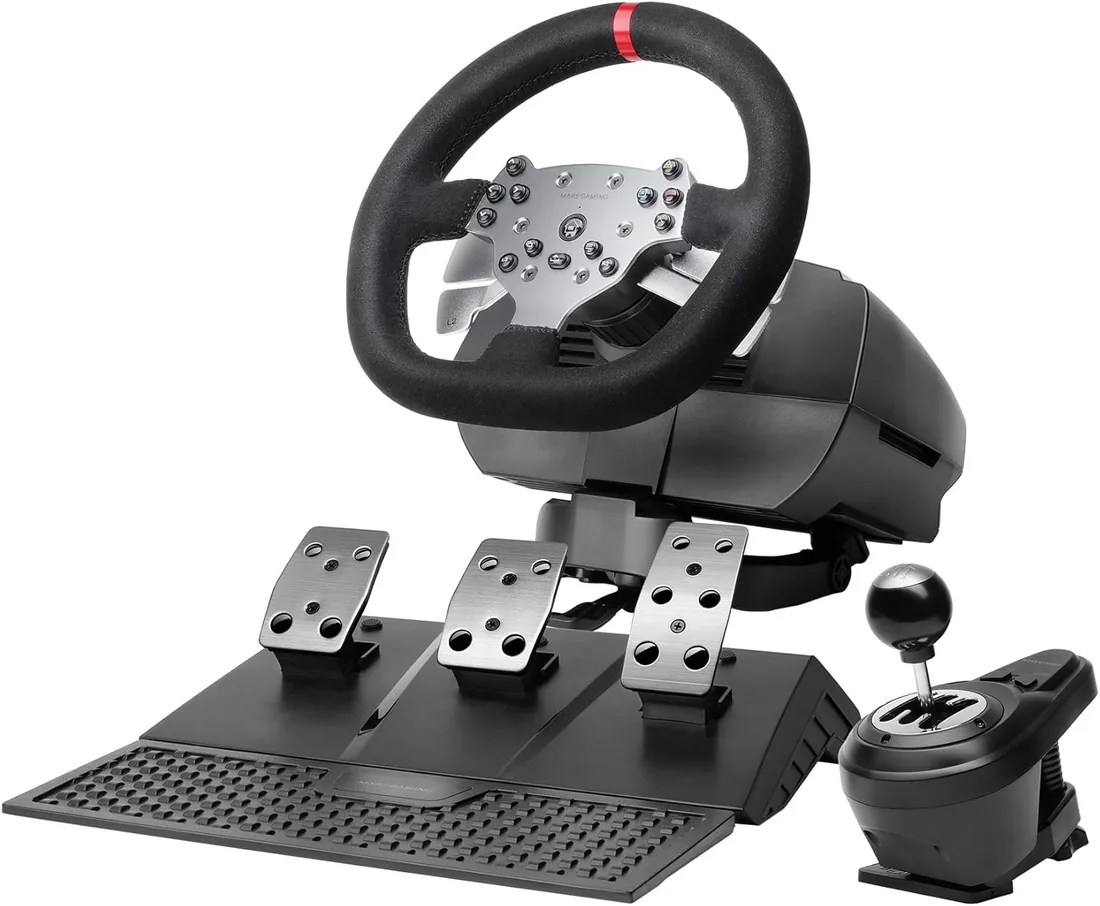 Mars Gaming MWH-RSX, Volante SimRacing con Force Feedback y Motor Dual, Set 3 Pedales con Resistencia Progresiva, Palanca Cambios en H y 12 Marchas, 14 Botones Personalizables, PC/PS4/Xbox Series X|S
