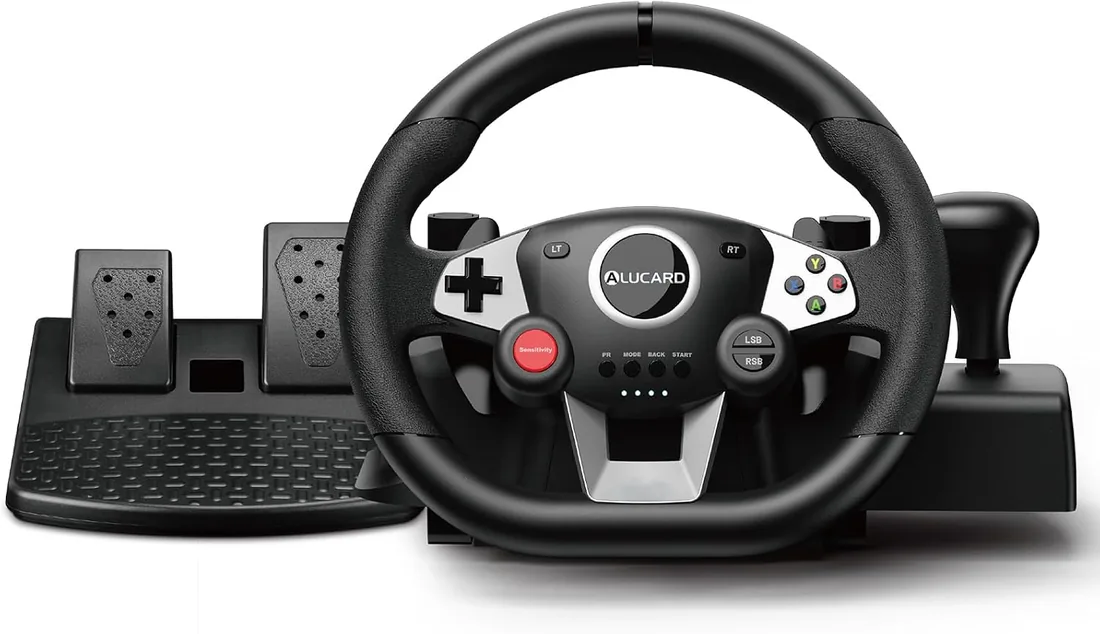 VooFun Volante Gaming para PC/PS4/Switch/PS3/Xbox One/Xbox 360 con Pedales | Volante PC con Pedales, Palanca de Cambios, Levas, 270° Rotación, Racing Wheel Con Botones Programables, Vibración Feedback foto 3