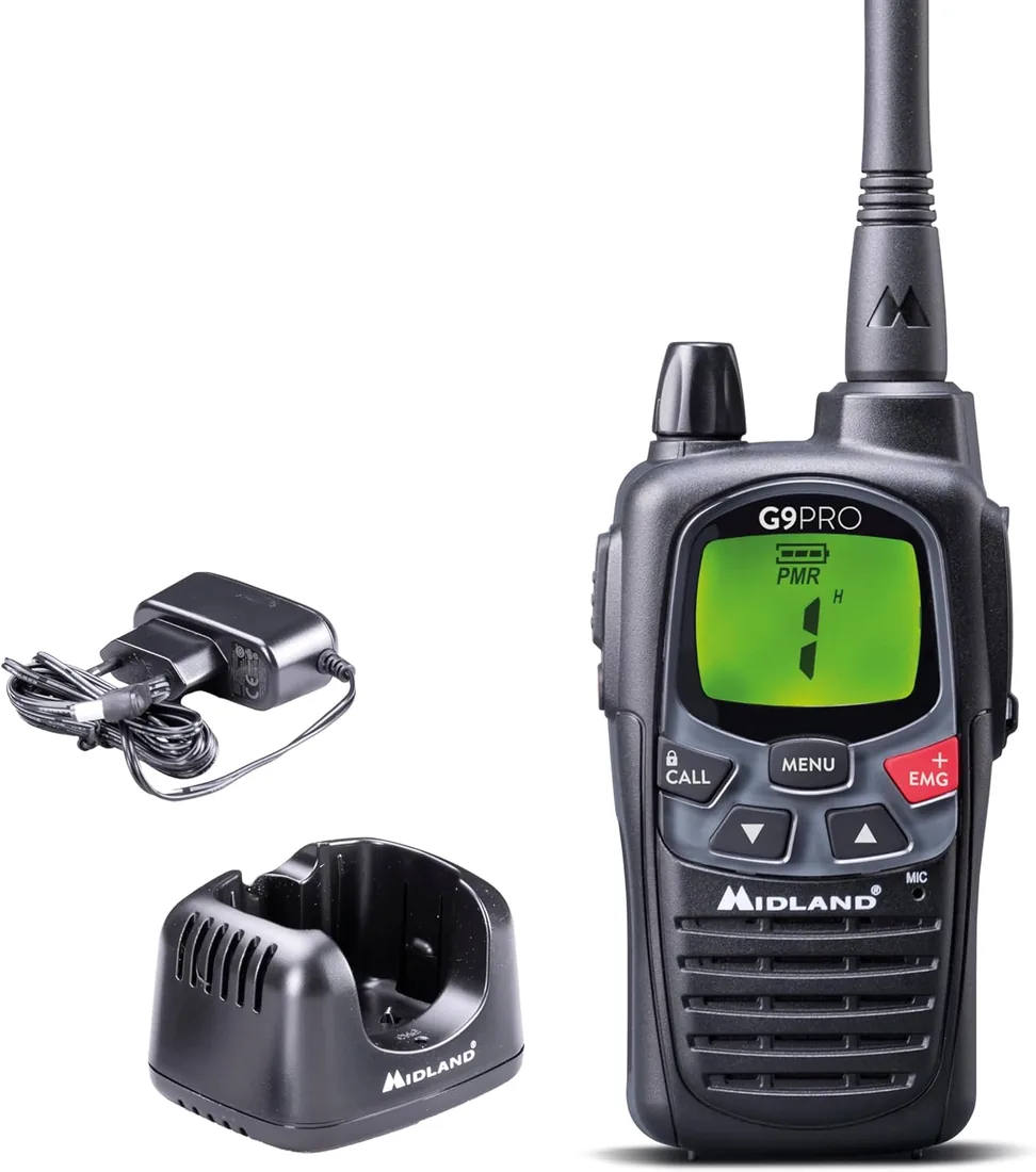 Midland - Walkie Talkie Profesional Largo Alcance G9 PRO, Radio IPX4 Waterproof para Softair y Outdoor, 101 Canales - 32 PMR446/69 LPD, Cobertura 12Km, Autonomía 23H, Pilas Recargables y Accesorios