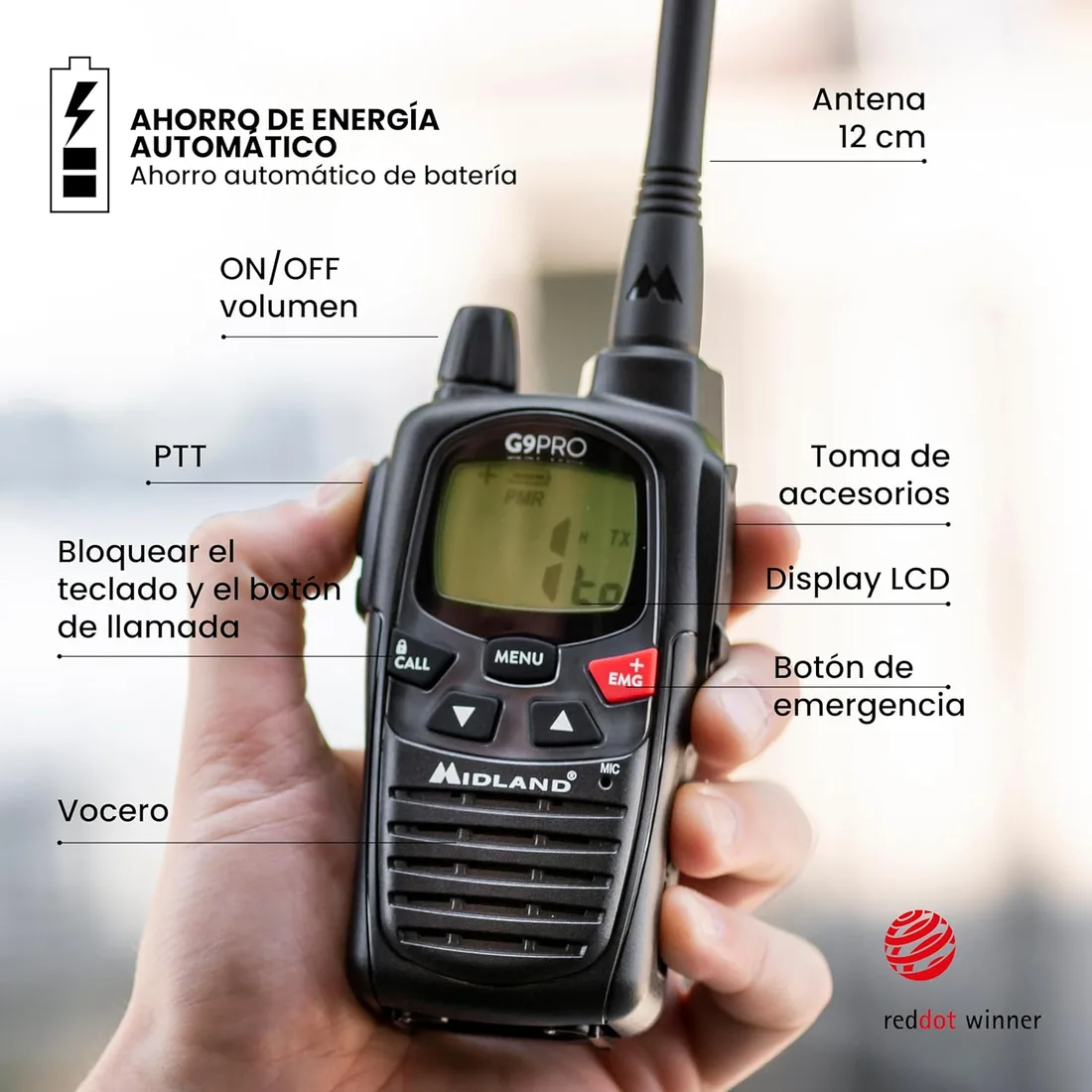 Midland - Walkie Talkie Profesional Largo Alcance G9 PRO, Radio IPX4 Waterproof para Softair y Outdoor, 101 Canales - 32 PMR446/69 LPD, Cobertura 12Km, Autonomía 23H, Pilas Recargables y Accesorios foto 3