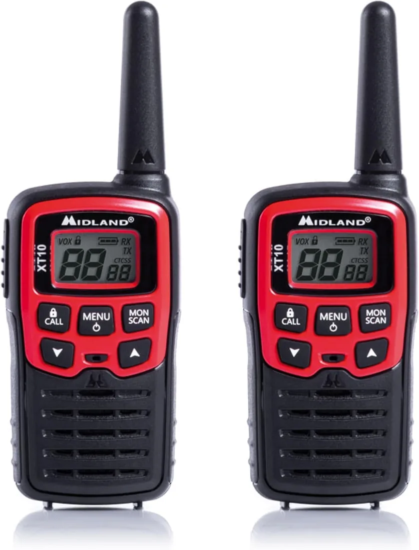 Midland - Walkie Talkie Profesional XT10, 2 Radioaficionados de Nivel Inicial para Trekking, Caza y Outdoor, 16 Canales PMR446 sin Licencia, Alcance 4Km, 38 Tonos CTCSS, VOX, SCAN, 2 Clips Cinturón