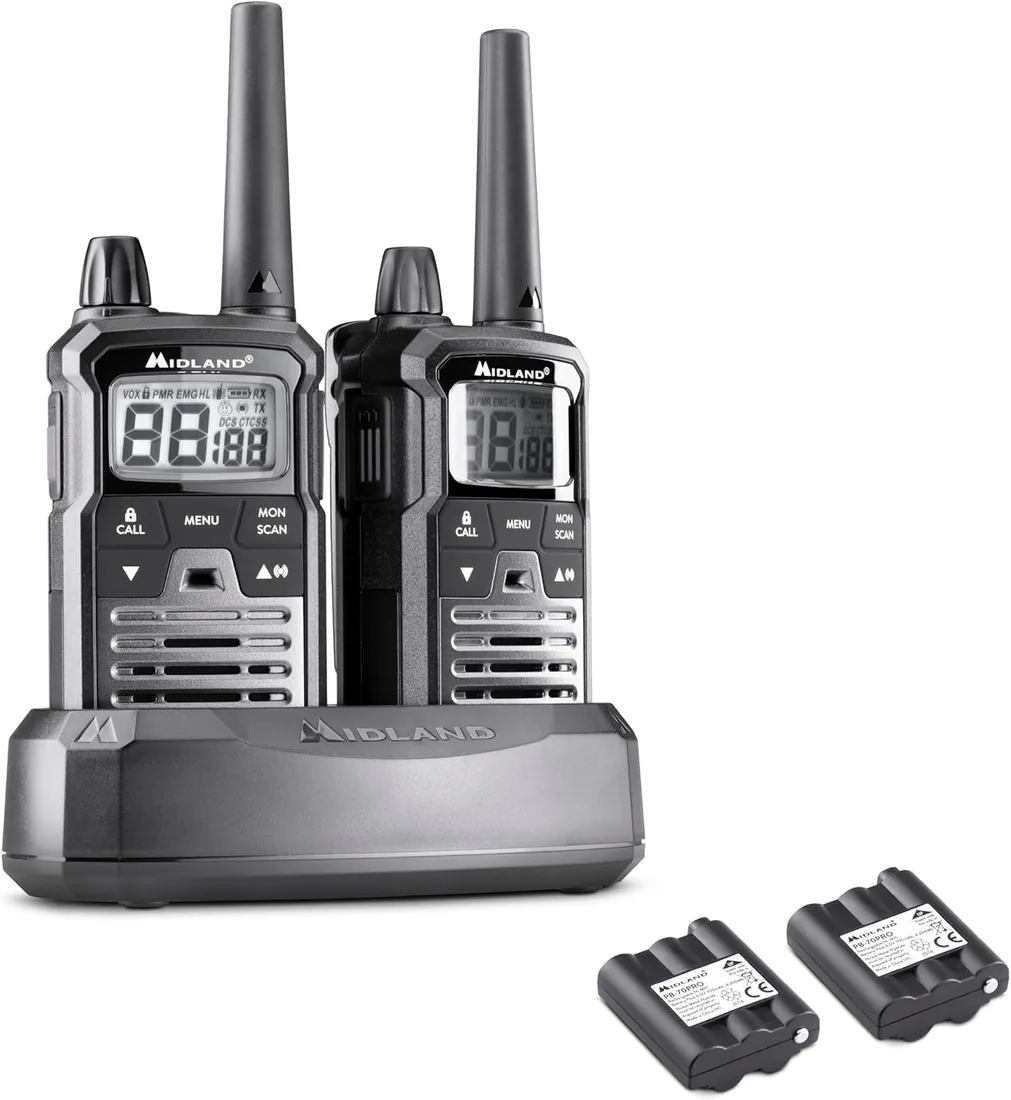 Midland XT70 PRO Doble, Walkie Talkie Profesional de Carga Rápida, 101 Canales PMR446 y Canal RRM, 142 Tonos CTCSS, Resistente al Agua IPX4, Recargable con USB, Alcance 12 Km, Negro/Gris, 2 Unidades
