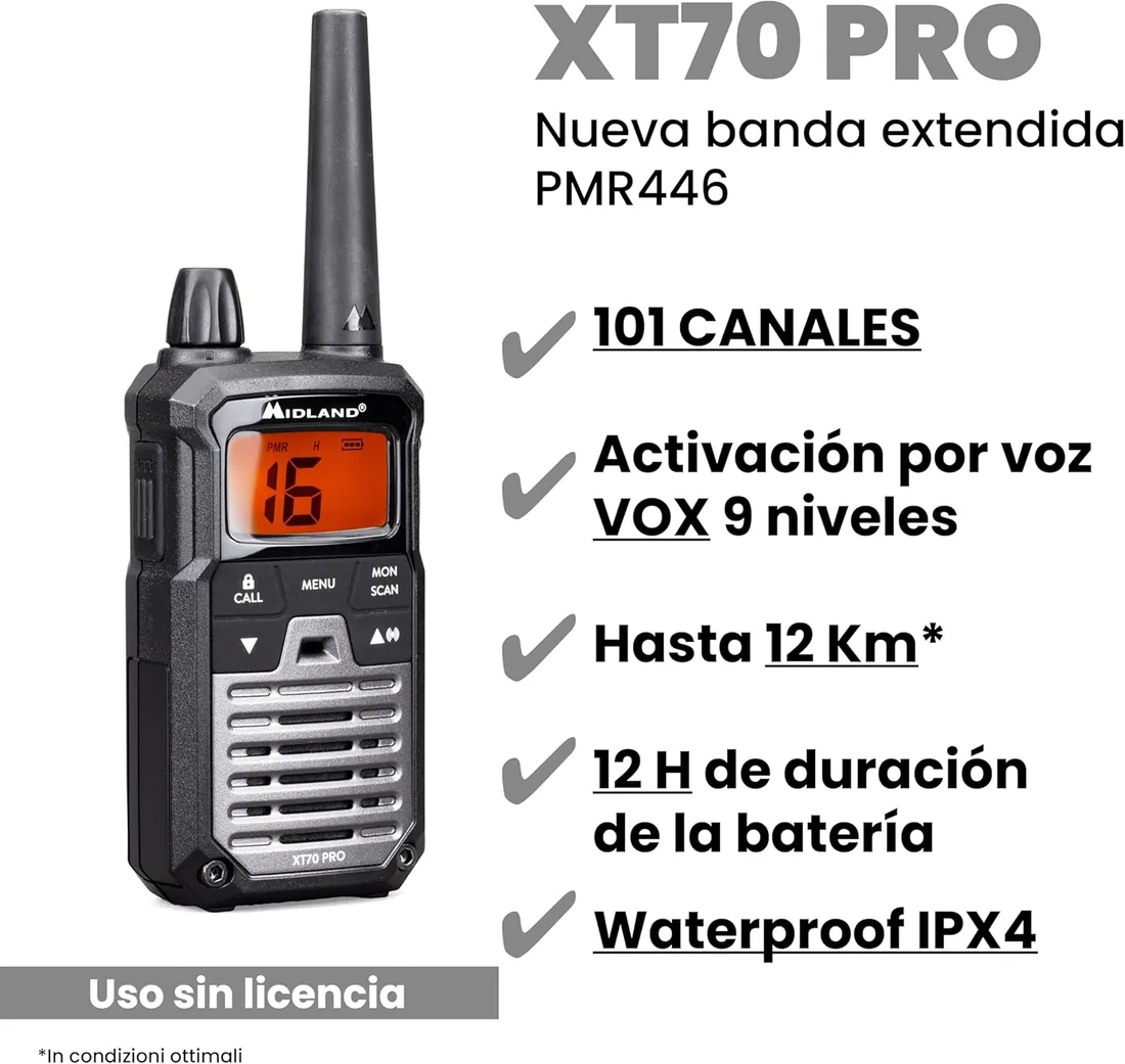 Midland XT70 PRO Doble, Walkie Talkie Profesional de Carga Rápida, 101 Canales PMR446 y Canal RRM, 142 Tonos CTCSS, Resistente al Agua IPX4, Recargable con USB, Alcance 12 Km, Negro/Gris, 2 Unidades foto 3