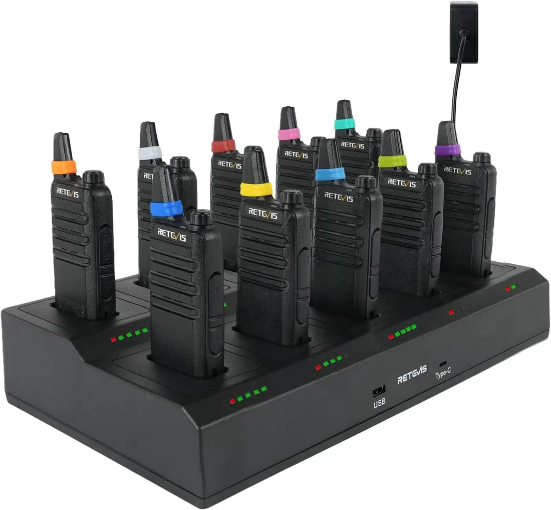 Retevis RT622 Walkie Talkie Profesional, PMR446 Mini Walkie Talkies, 10 en 1 Cargador Multipuerto, Squelch VOX, Walkie Talkie Largo Alcance para Restaurante (Negro, 10 Piezas)