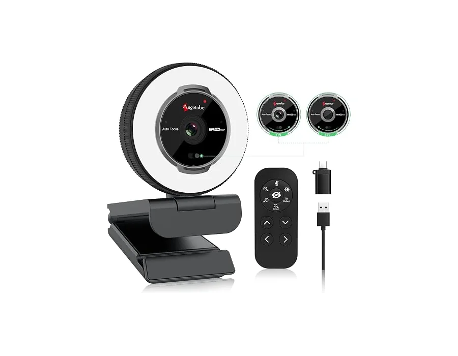 Angetube Webcam 1080P 60FPS con Luz- Cámara Web para PC con Zoom Digital 5X
