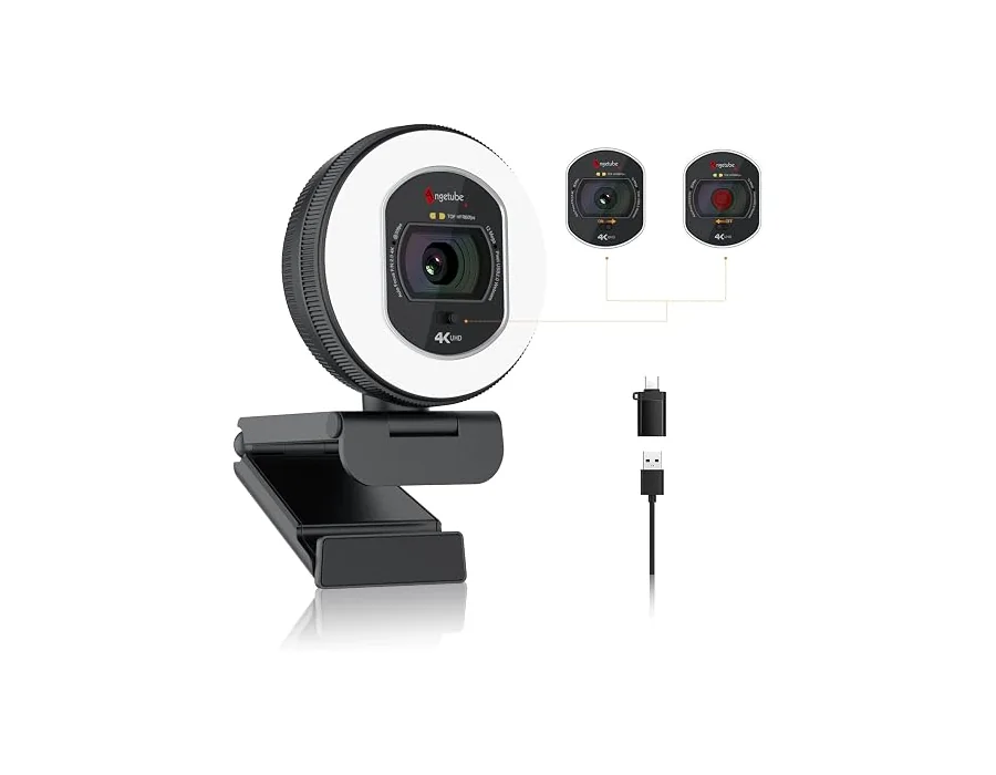 Angetube Webcam 4K con luz para PC, USB Streaming Cámara con 2 Micrófonos