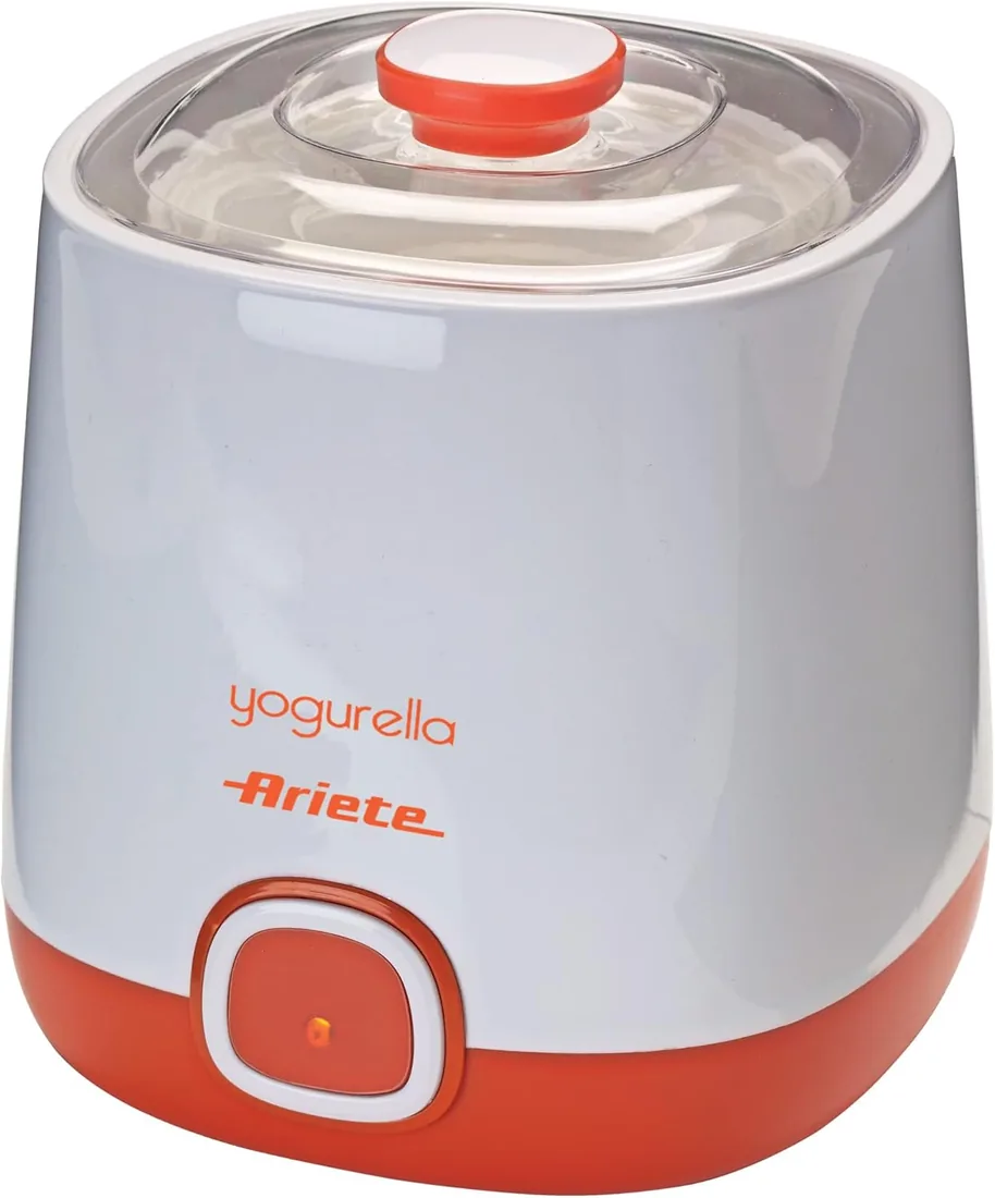 Ariete 621 Yogurtera, capacidad 1 litro, 20 W, 12 horas preparación, tapa doble, diseño compacto apto lavavajillas, color blanco naranja