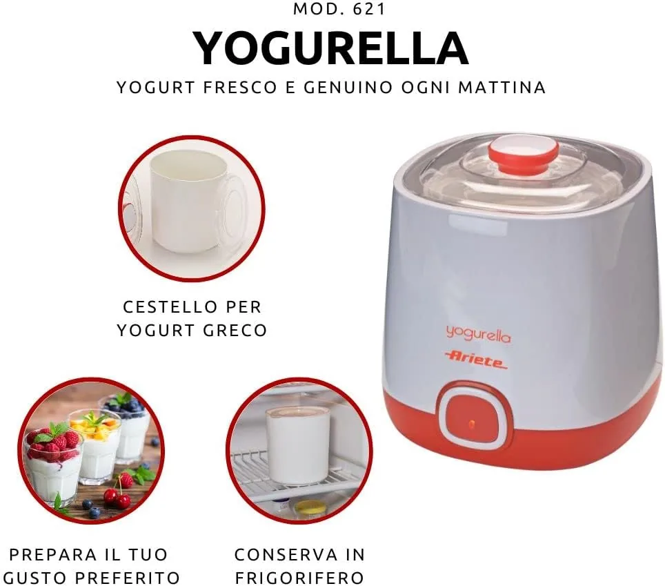 Ariete 621 Yogurtera, capacidad 1 litro, 20 W, 12 horas preparación, tapa doble, diseño compacto apto lavavajillas, color blanco naranja foto 3