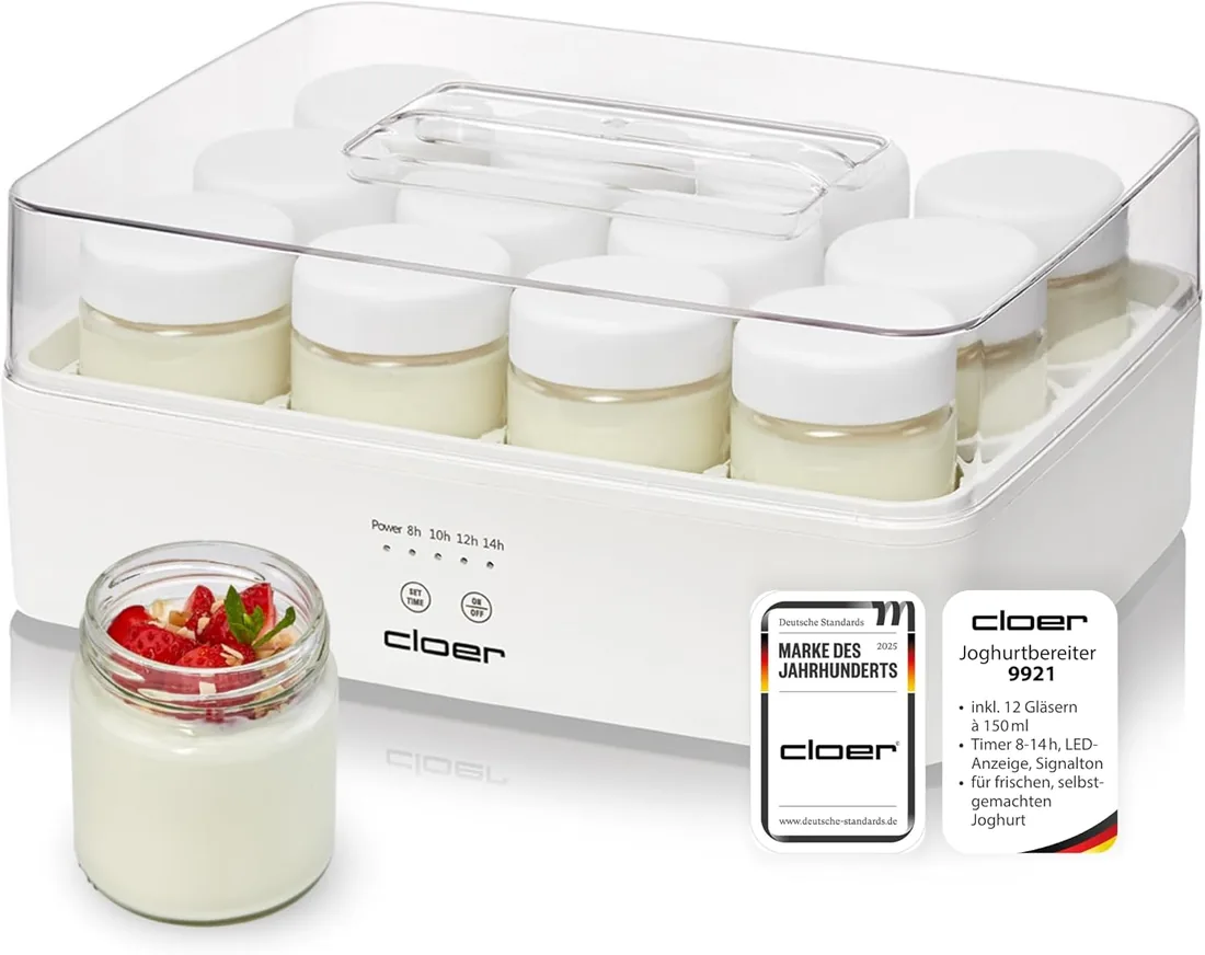 Cloer 9921 Yogurtera para 12 tarros de 150 ml, máquina para yogur casero, temporizador 8–14 h, pantalla LED, señal acústica, carcasa de plástico con tapa transparente, blanca, 17 W