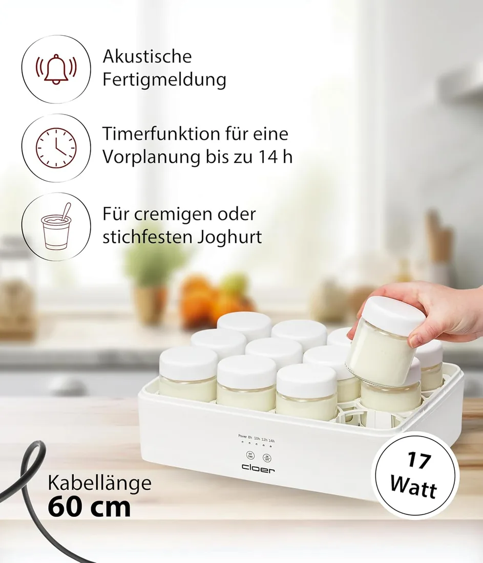 Cloer 9921 Yogurtera para 12 tarros de 150 ml, máquina para yogur casero, temporizador 8–14 h, pantalla LED, señal acústica, carcasa de plástico con tapa transparente, blanca, 17 W foto 2