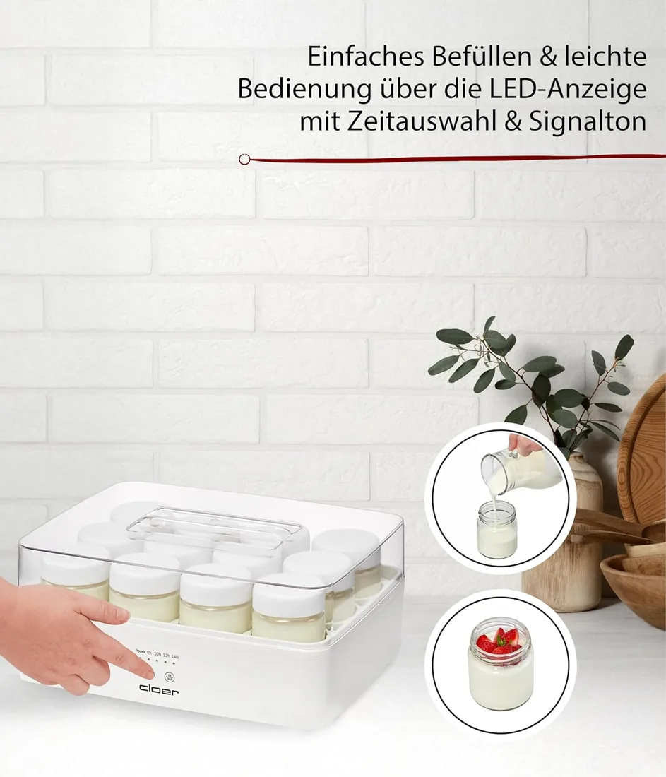 Cloer 9921 Yogurtera para 12 tarros de 150 ml, máquina para yogur casero, temporizador 8–14 h, pantalla LED, señal acústica, carcasa de plástico con tapa transparente, blanca, 17 W foto 3