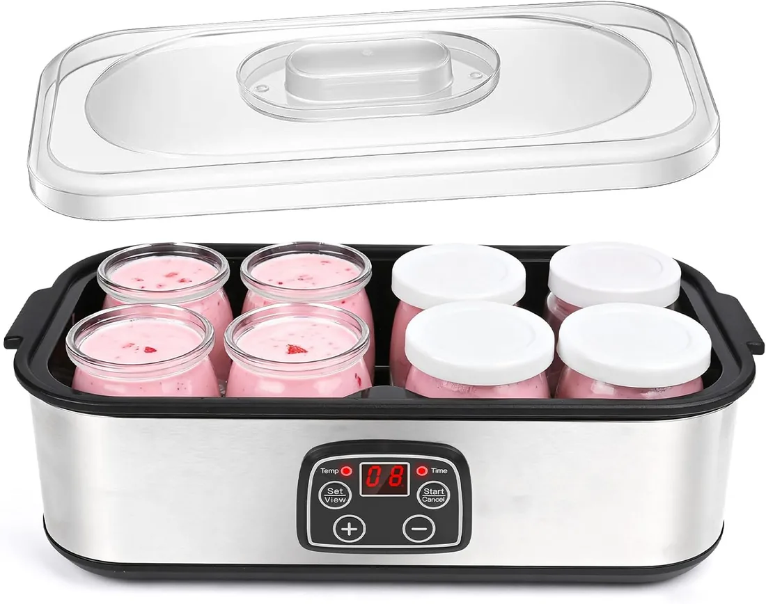 Dreamhigh® Eléctrica Yogurt Maker, con Yogurtera 8 Tarros de Cristal de 180 ml, Máquina de Yogur Griega 1.4 litro Caser, Termostato Ajustable Temporizador de 1-48 Horas y Apagado Automático foto 3