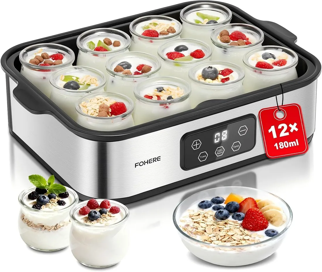 FOHERE Yogurtera con 12 x 180 ml Vasos y Tapas, 25 W Máquina de Yogur Griega, LCD Pantalla de un Solo Toque, Tiempo y Temperatura ajustables, sin BPA, Apagado automático