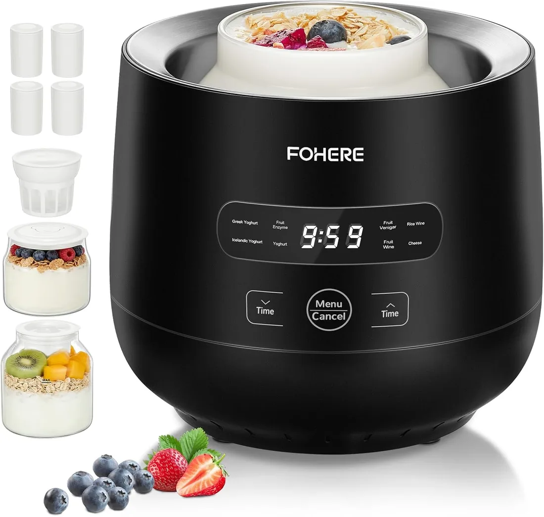 FOHERE Yogurtera con 2 XXL Tarros Capacidad de 2000 ml y 1400 ml, 4 * 125 ml Vasos y Tapa, 8 Programas Preestablecidos, Pantalla LCD, Temporizador, Potencia 20 W, Sin BPA