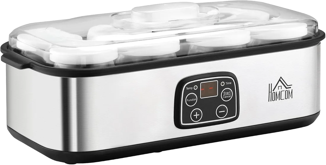 HOMCOM Yogurtera 25W Capacidad 1,44L con 8 Tarros de Cristal 180 ml Plata | Termostato Ajustable, Temporizador de 1-48 Horas, Apagado Automático, 36x18,8x14 cm foto 3
