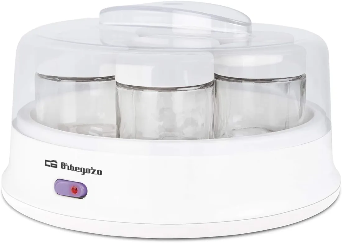 Orbegozo YU 2350 - Yogurtera con 7 tarros de 200 ml de Capacidad, 15 W, Tapa Transparente, Interruptor Encendido/Apagado,Apto lavavajillas, Blanco