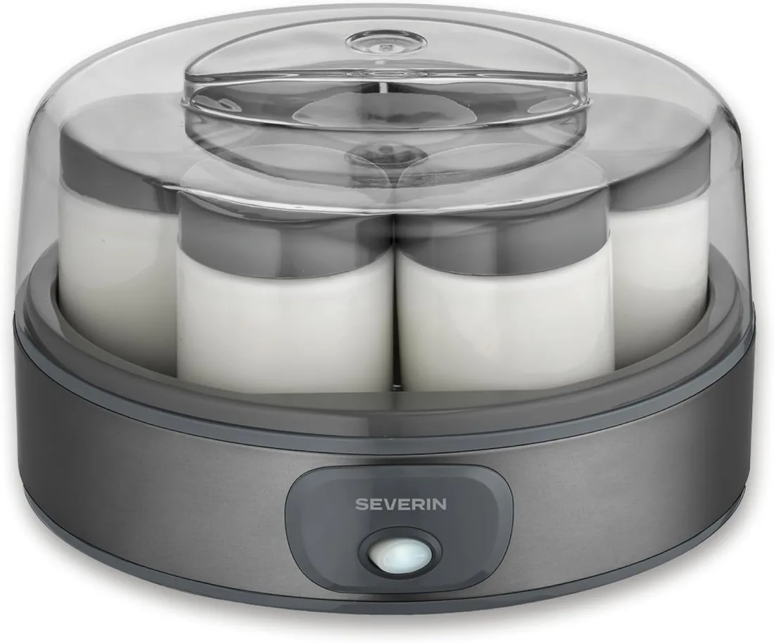 Severin Yogurtera, incluye 7 tarros de yogur de 150 ml para 1 litro de yogur casero, tapa transparente, estilo griego, interruptor basculante, 18 W, acero inoxidable oscuro, JG 3510